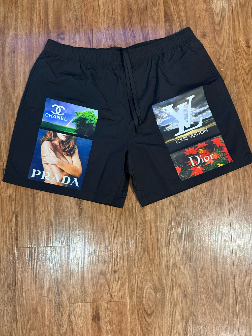 Secret Club Black Designer Logo Patch Swim Shorts Multi-Brand Graphic Size 2XL